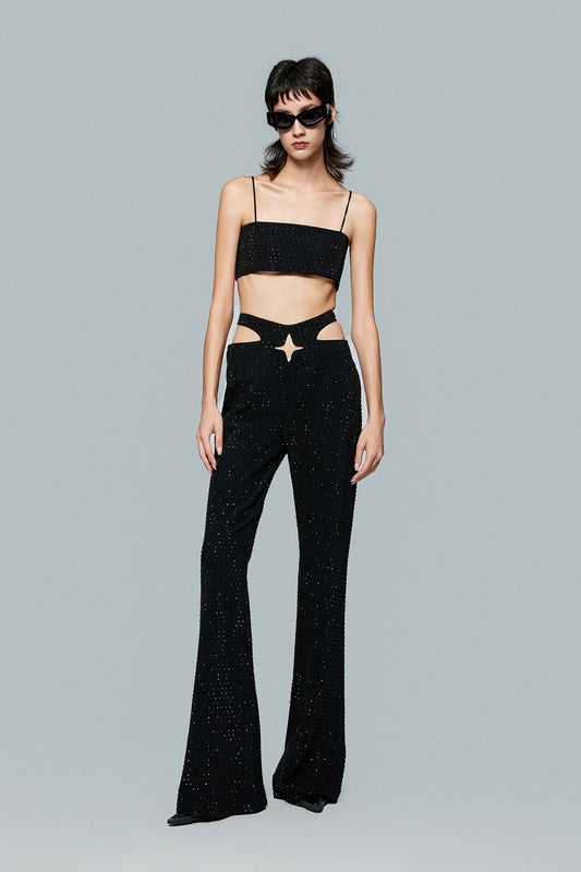 Cut-out four-pointed star full length hot drill micro-cropped pants