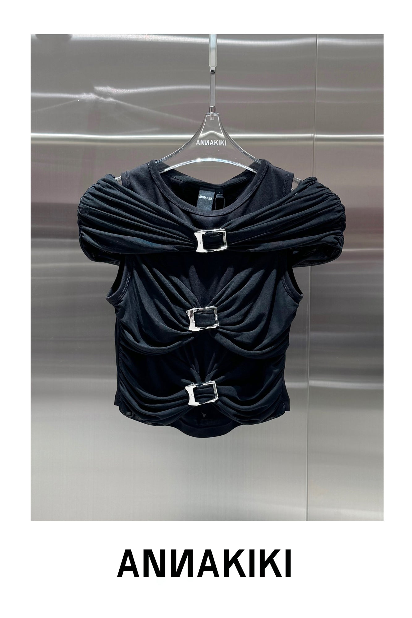 One shoulder pleated mesh spliced top