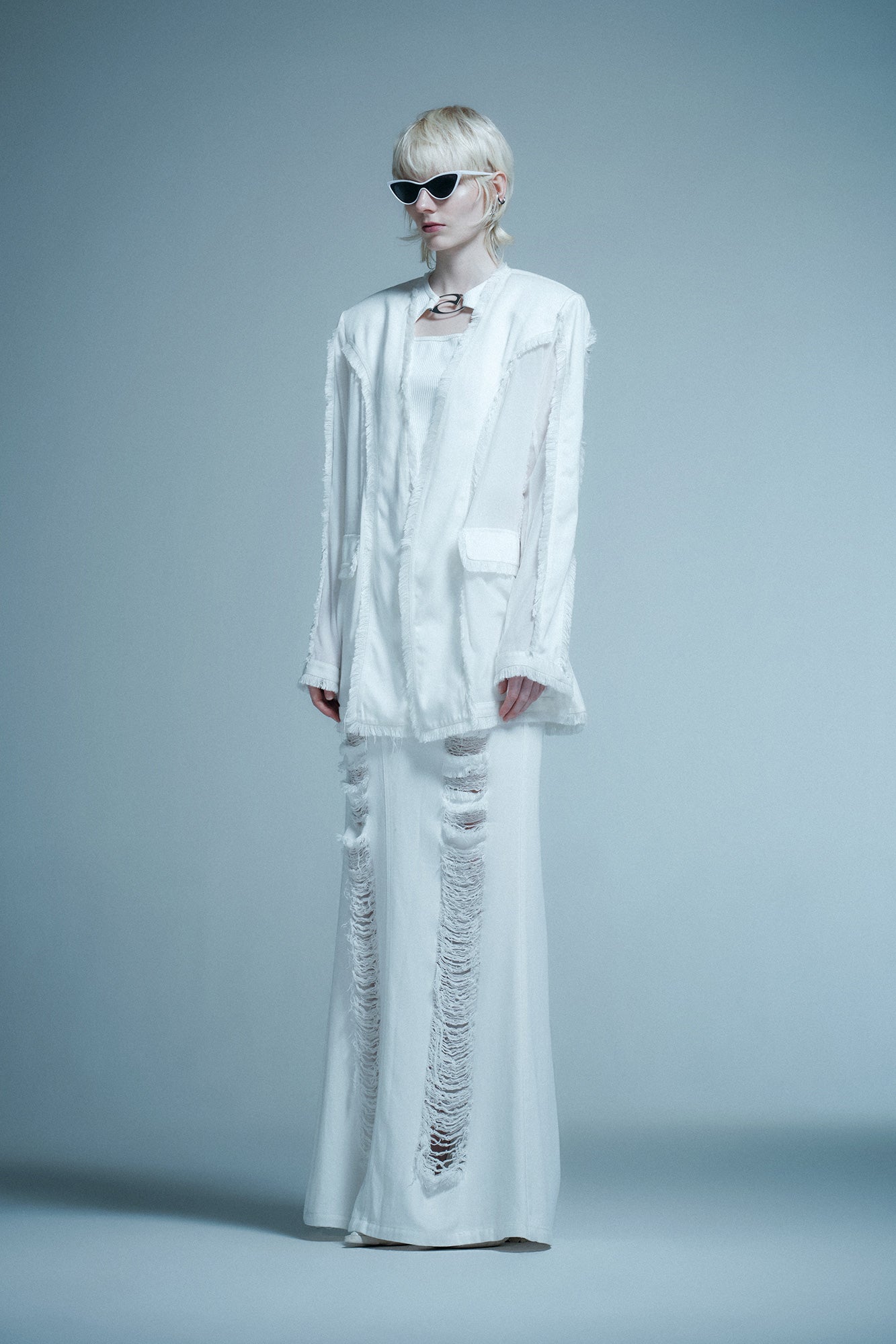 Silk-Acetate Denim Blazer with Raw Hem