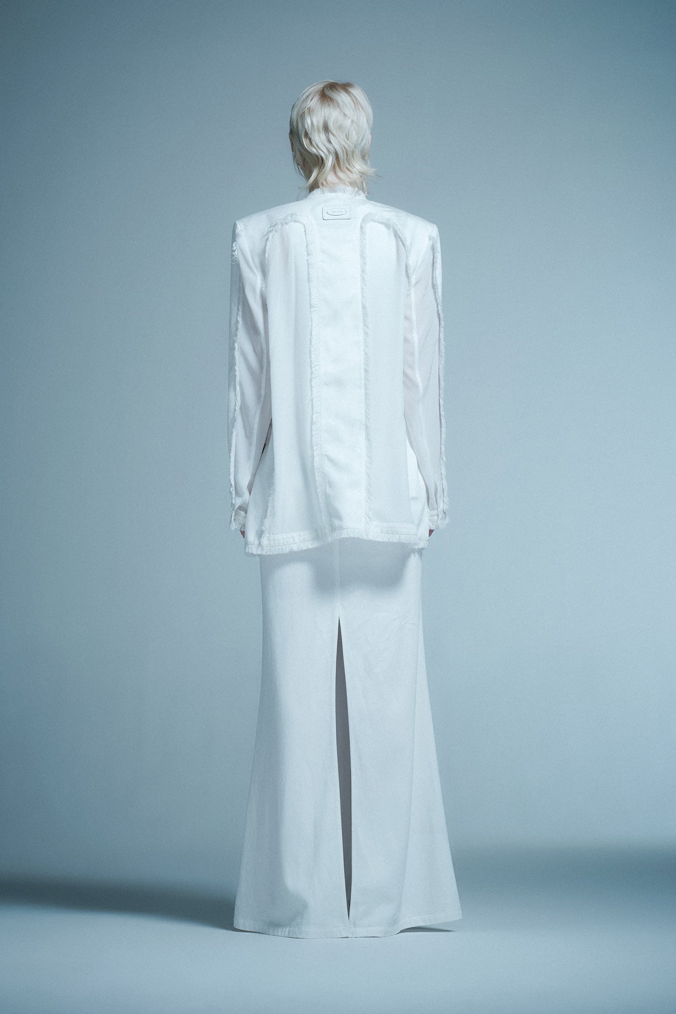 Silk-Acetate Denim Blazer with Raw Hem