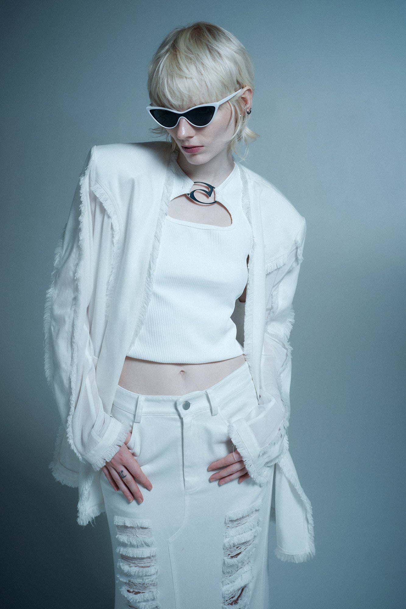 Silk-Acetate Denim Blazer with Raw Hem