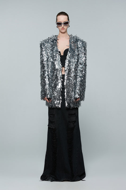 Sequin collarless silhouette suit