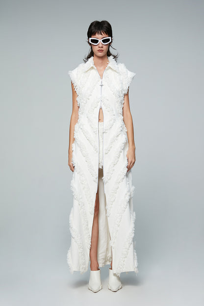 Long denim coat with fritted edges