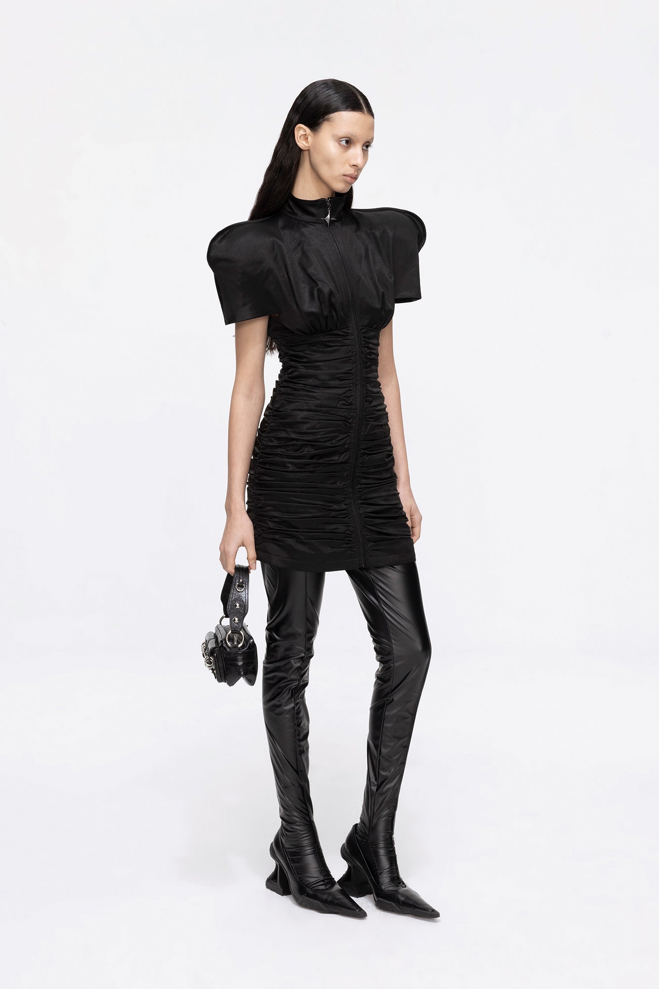 Acetate pleated dress with wide shoulders