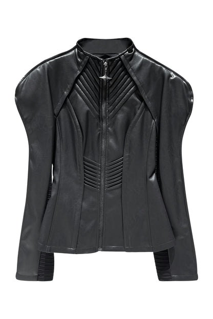 Curved sleeves and three-dimensional structure leather jacket