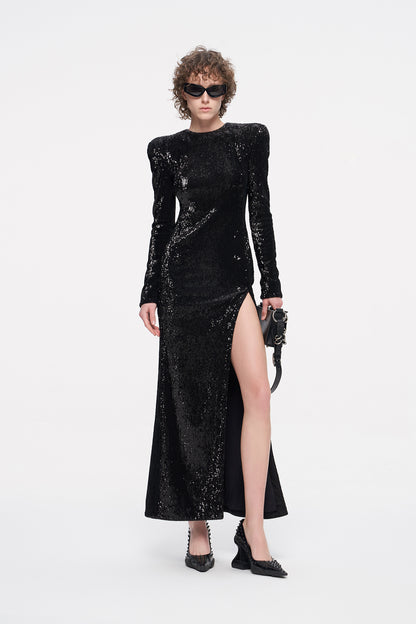 High-slit backless sequin dress