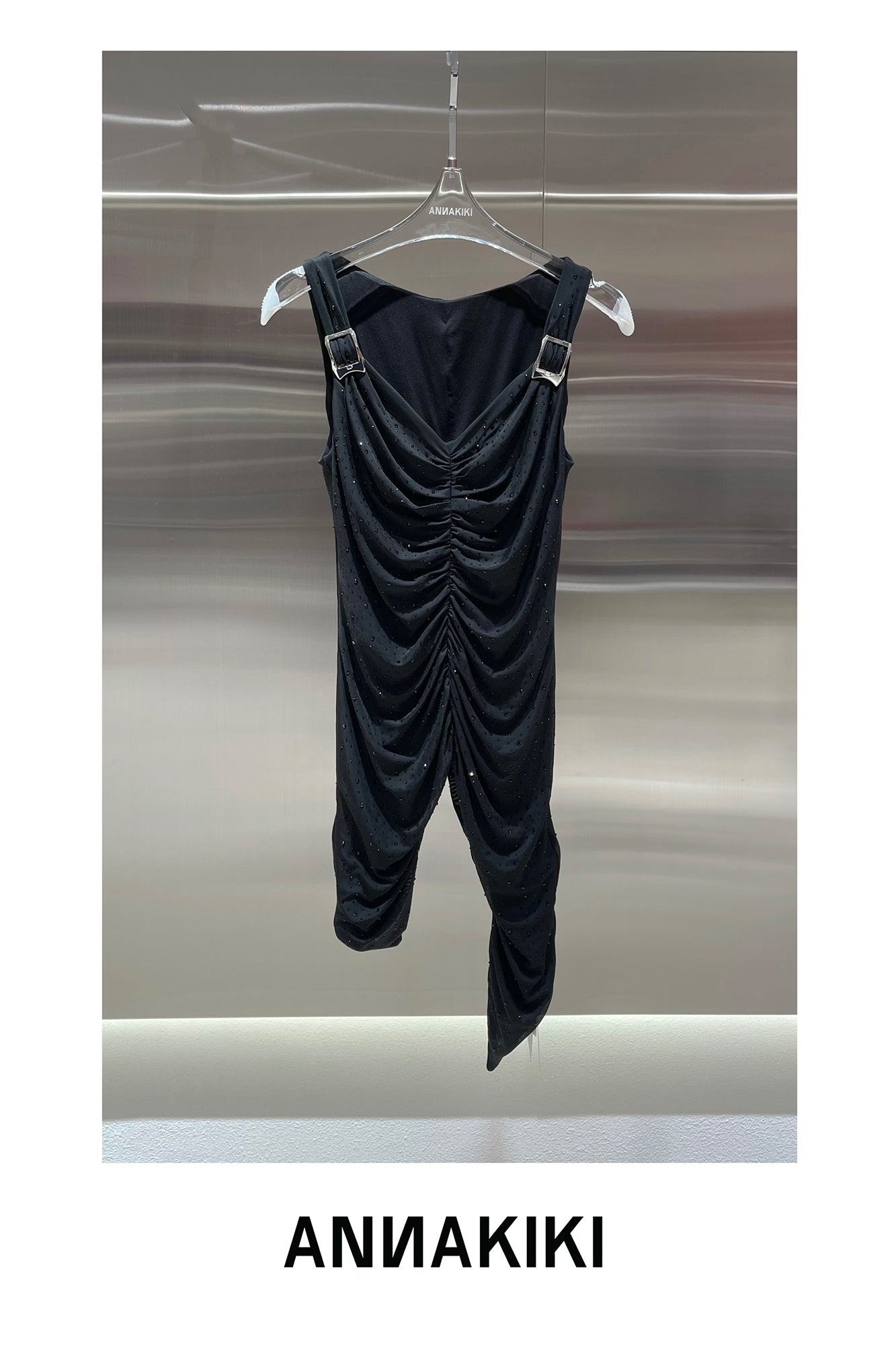 V-neck irregular rhinestone pleated top