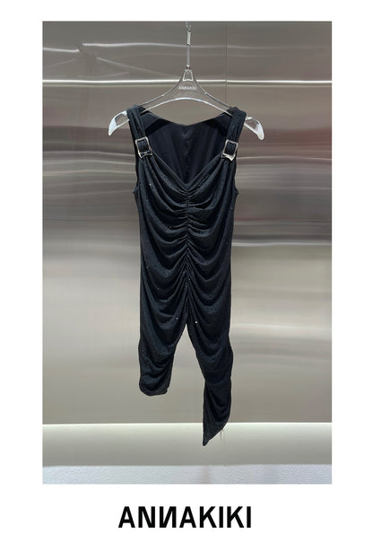 V-neck irregular rhinestone pleated top