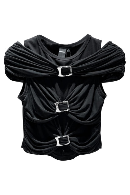 One shoulder pleated mesh spliced top