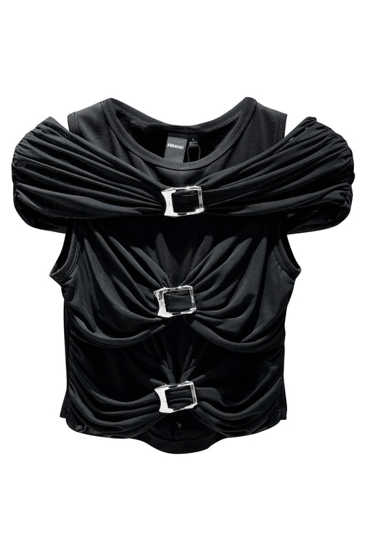 One shoulder pleated mesh spliced top