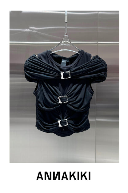 One shoulder pleated mesh spliced top