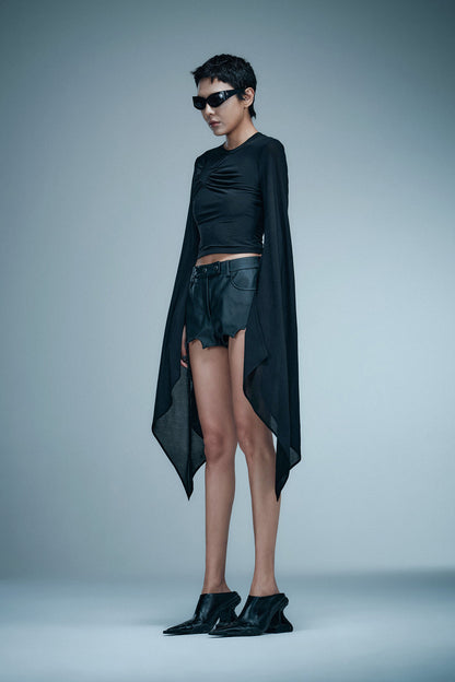 Four-star pleated trumpet sleeve top