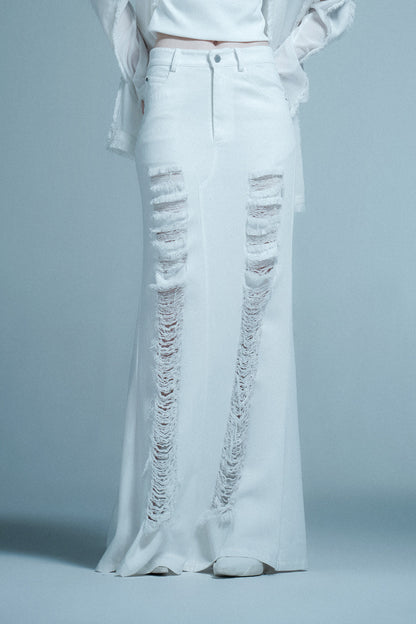 Ripped denim fishtail skirt