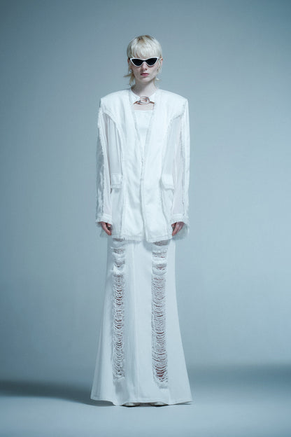 Silk-Acetate Denim Blazer with Raw Hem
