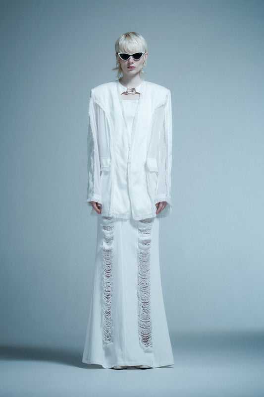 Silk-Acetate Denim Blazer with Raw Hem