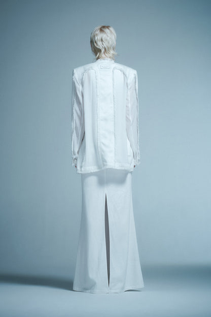 Silk-Acetate Denim Blazer with Raw Hem