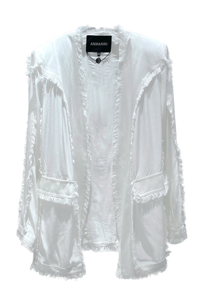 Silk-Acetate Denim Blazer with Raw Hem