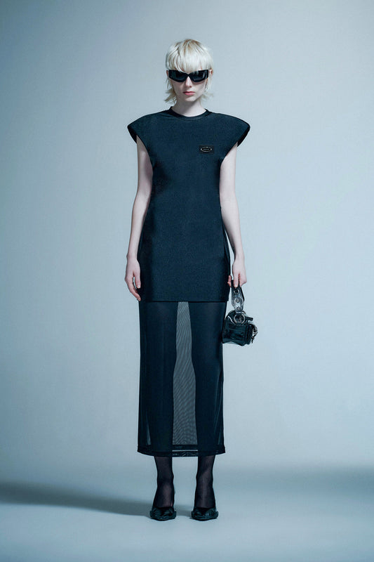 Wide shoulder mesh patchwork dress
