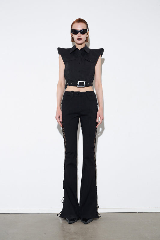 Strapped micro flared slim fit pants