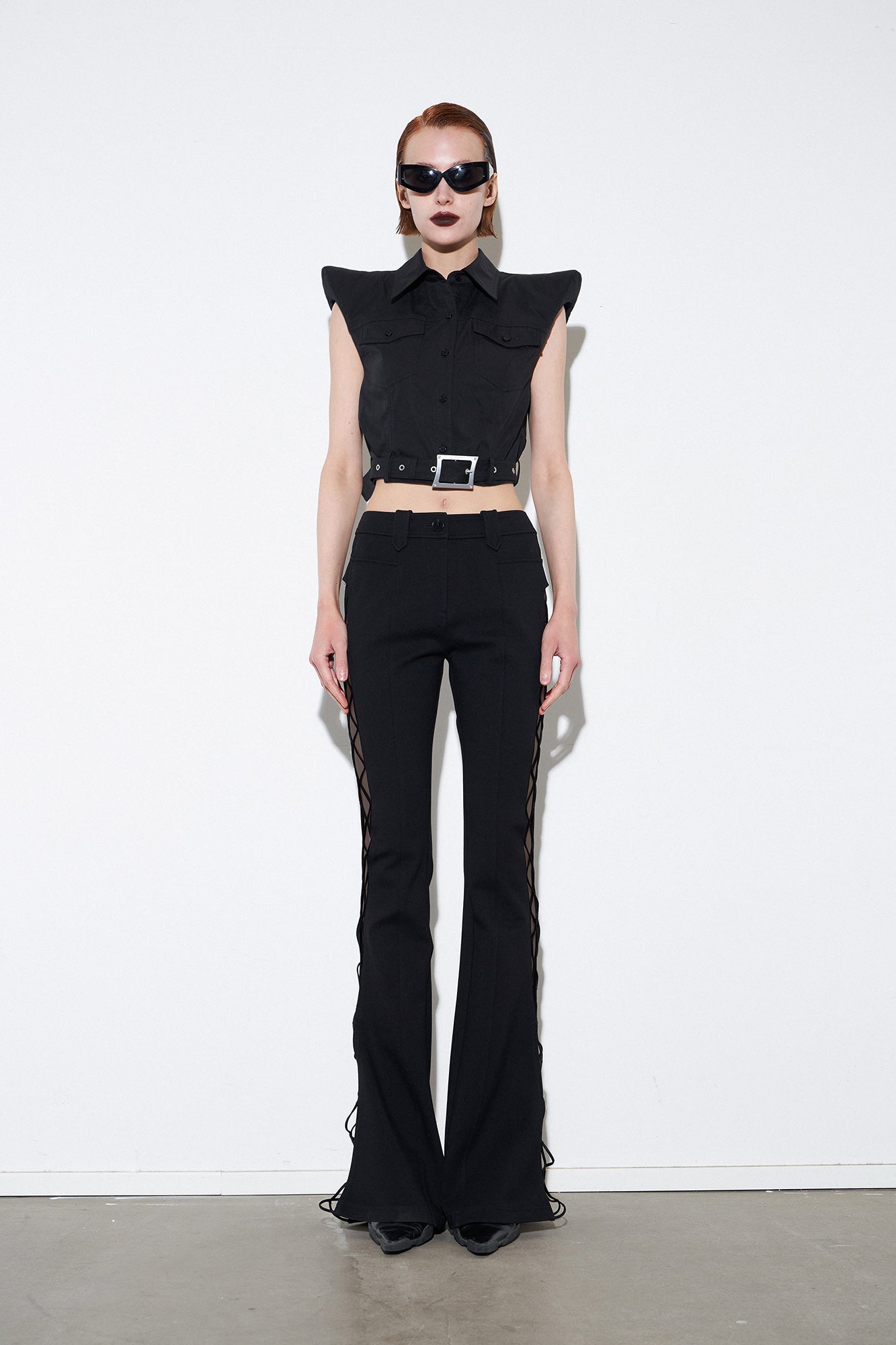 Strapped micro flared slim fit pants