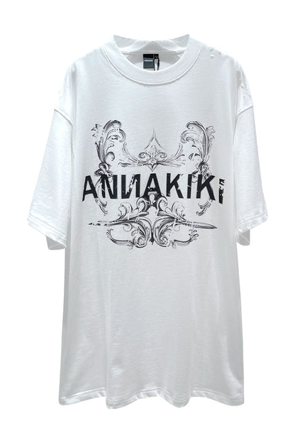 Loose printed T-shirt with holes