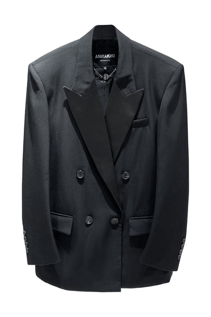 Acetate-Wool Contrast Collar Oversized Blazer