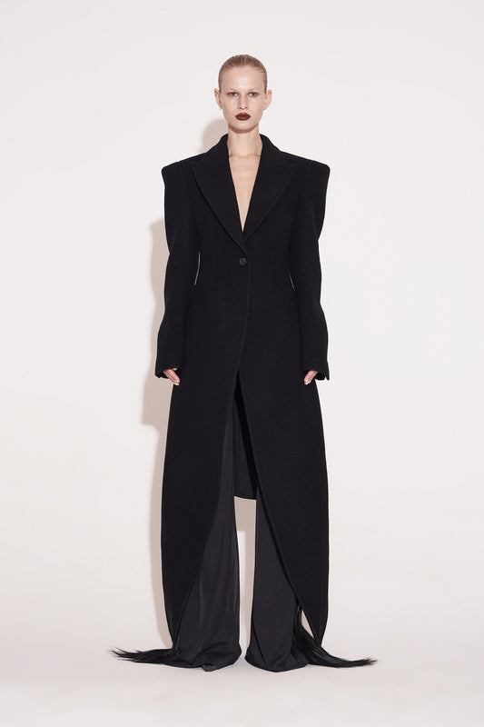 Wool coat with wide shoulders and swallowtail hem