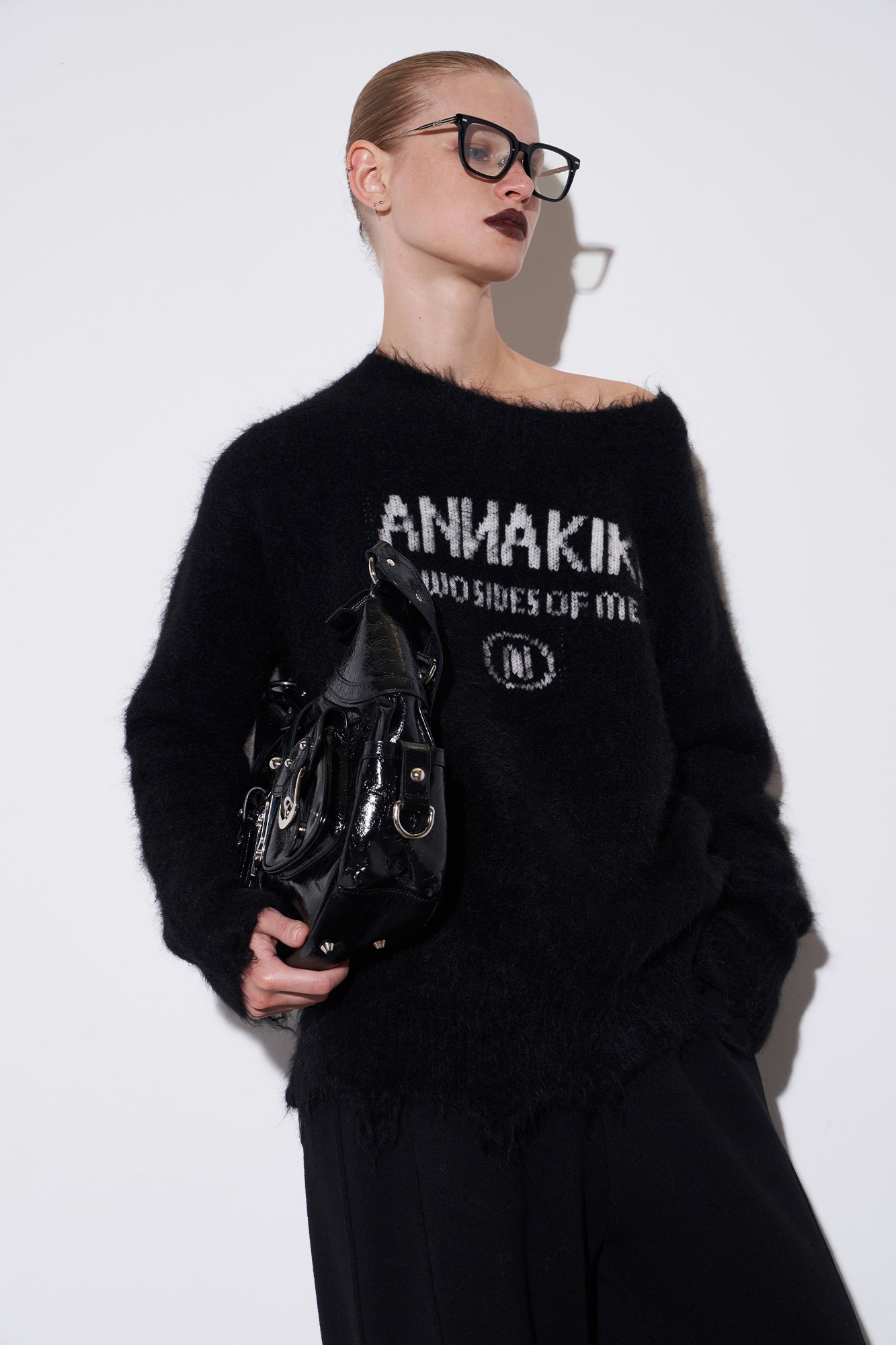 Camel wool slanted shoulder logo jacquard sweater
