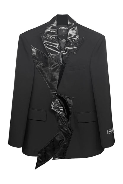 3D Structured Acetate-Wool Contrast Collar Blazer