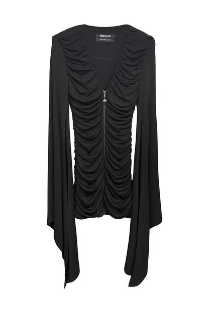 Acetate patch V-neck pinched dress