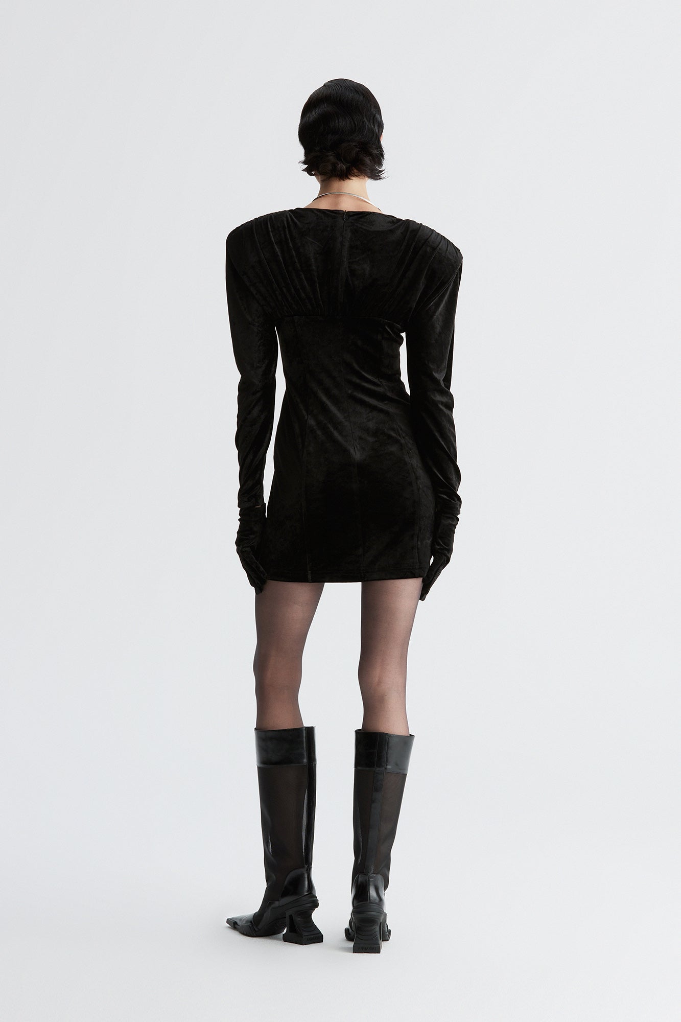 Acetic acid V-neck wide-shoulder pleated glove dress
