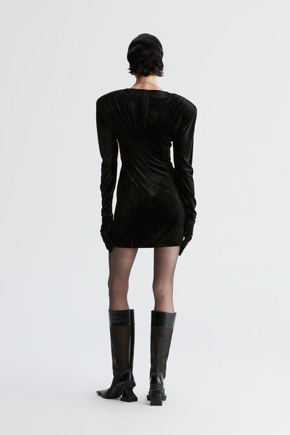 Acetic acid V-neck wide-shoulder pleated glove dress