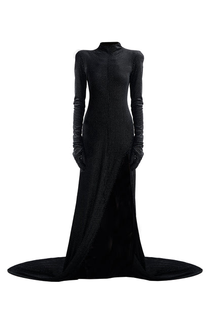 Velvet slit tuxedo dress
