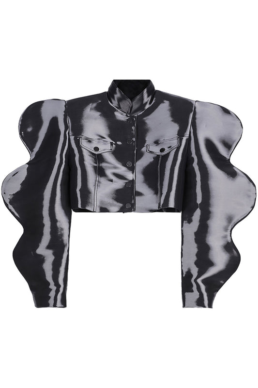 Liquid metal 3D wave sleeve cropped jacket