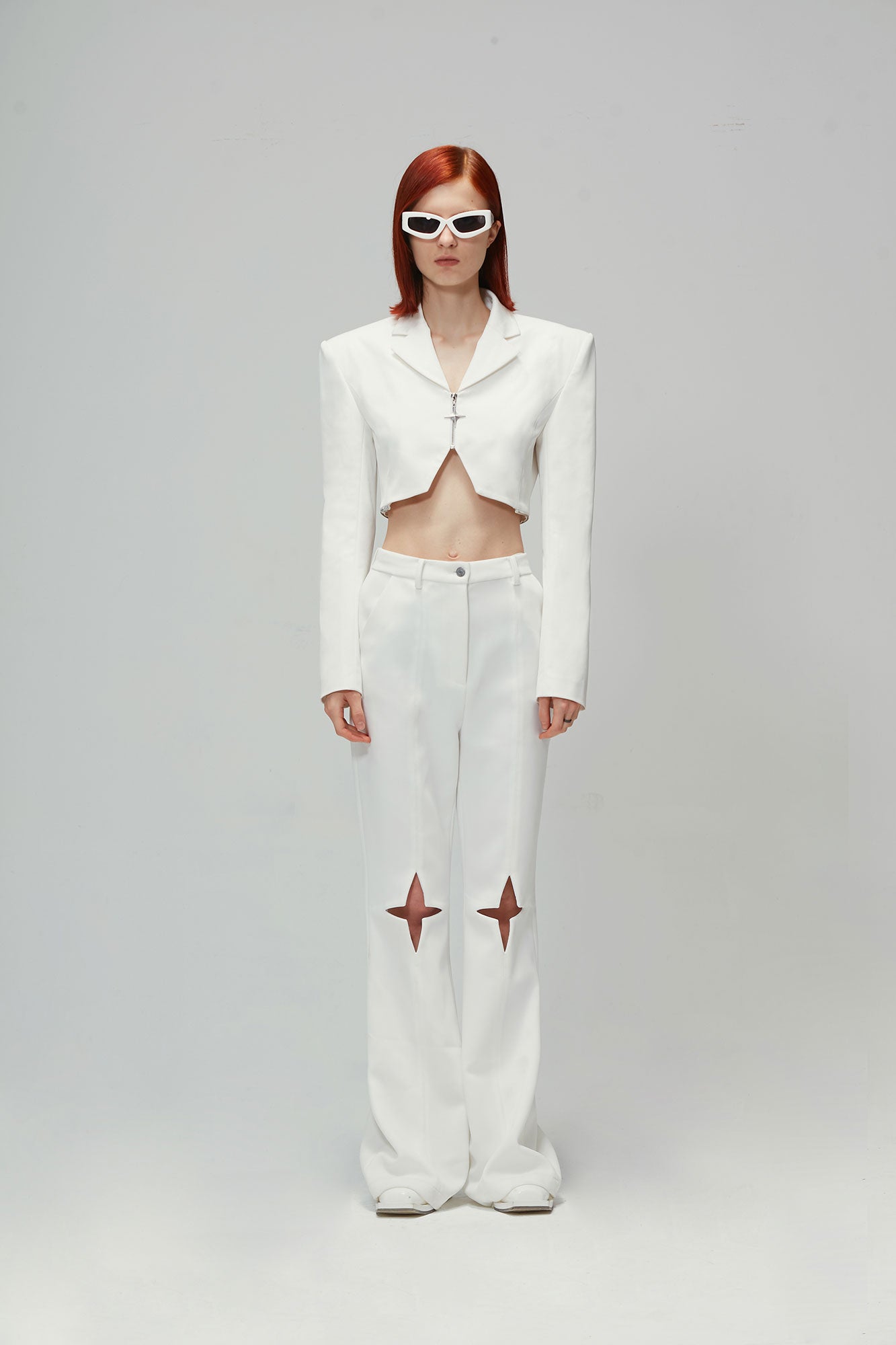 Twill acetic acid star hollowed-out flared trousers