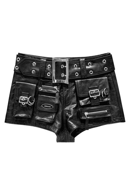 Multi-pocket leather shorts